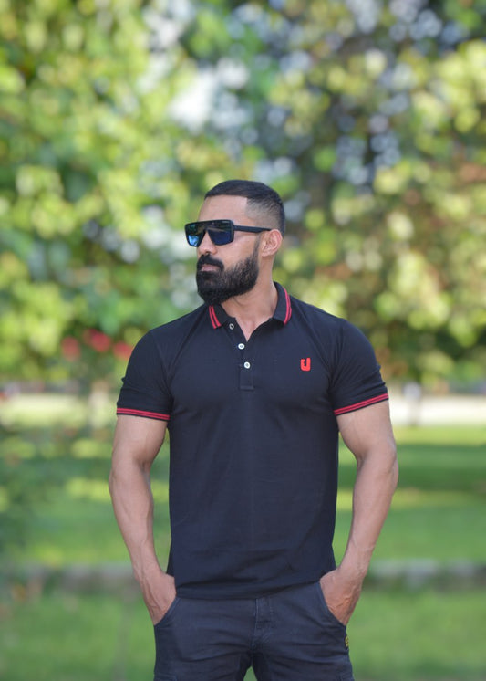 One Urbaine Classic Black / Red Collar And Sleeve Contrast Polo Shirt